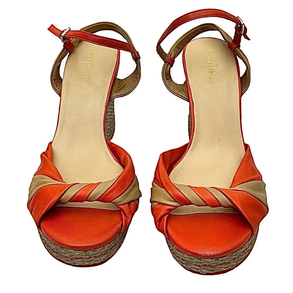 Cole Haan Nike Air Woven Wedge Sandals Orange Tan Leather Women’s ~8.5M